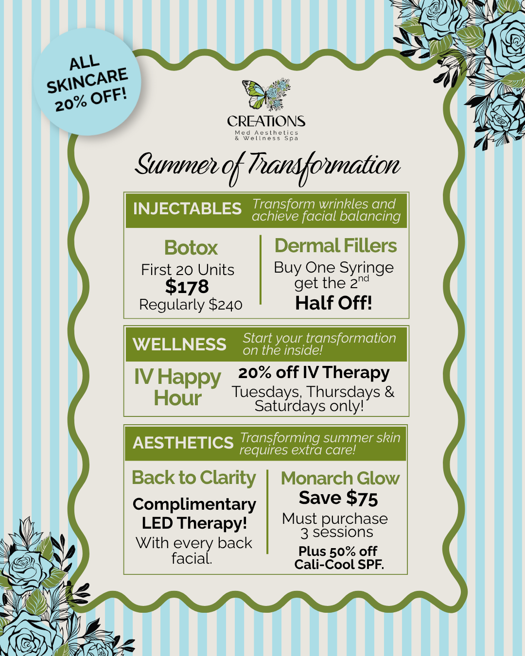 Med Spa specials, botox, dermal filler, facials, iv therapy
